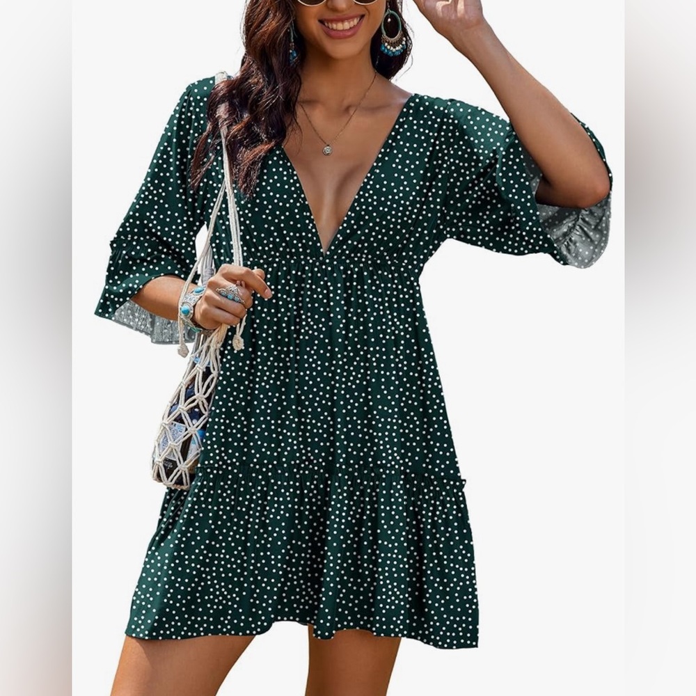 Women's Swimsuit Cover Ups Dress V Neck Tunic Bathing Suit Beach Mini Dress